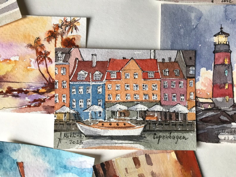 Denmark painting Copenhagen art Mini watercolor ACEO Original painting Miniature artwork by AnaMuStudio image 2