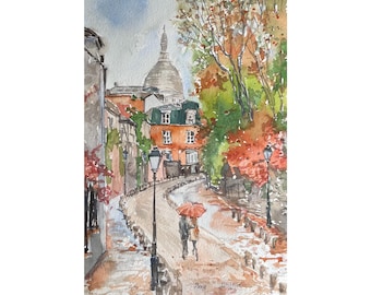 Paris Watercolor Painting – Romantic Montmartre Street Scene, Original 7x10 Inch Artwork by AnaMuStudio, French art Sacre Coeur