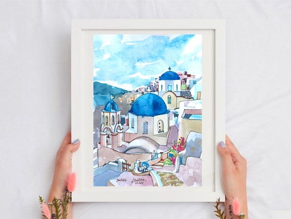 サントリーニ島オリジナル水彩画ギリシャアート旅行スケッチby