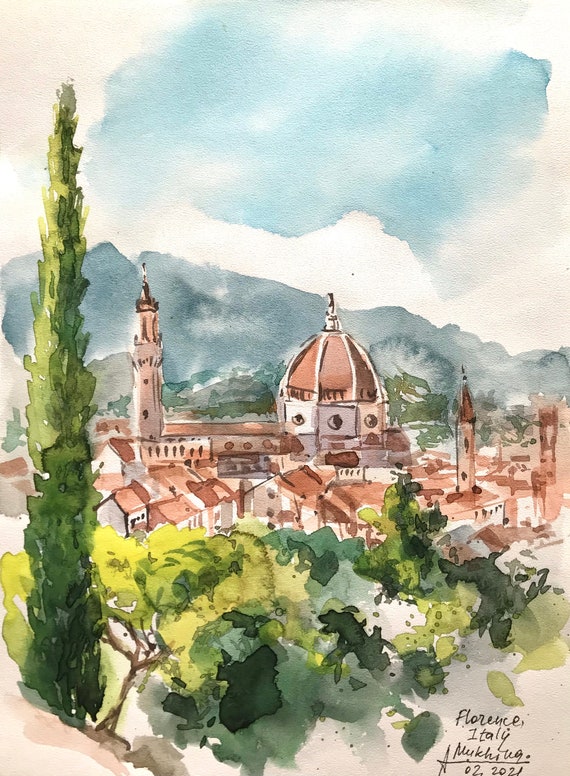 フィレンツェの絵画：オリジナル水彩画、イタリアの都市景観 - Etsy 日本