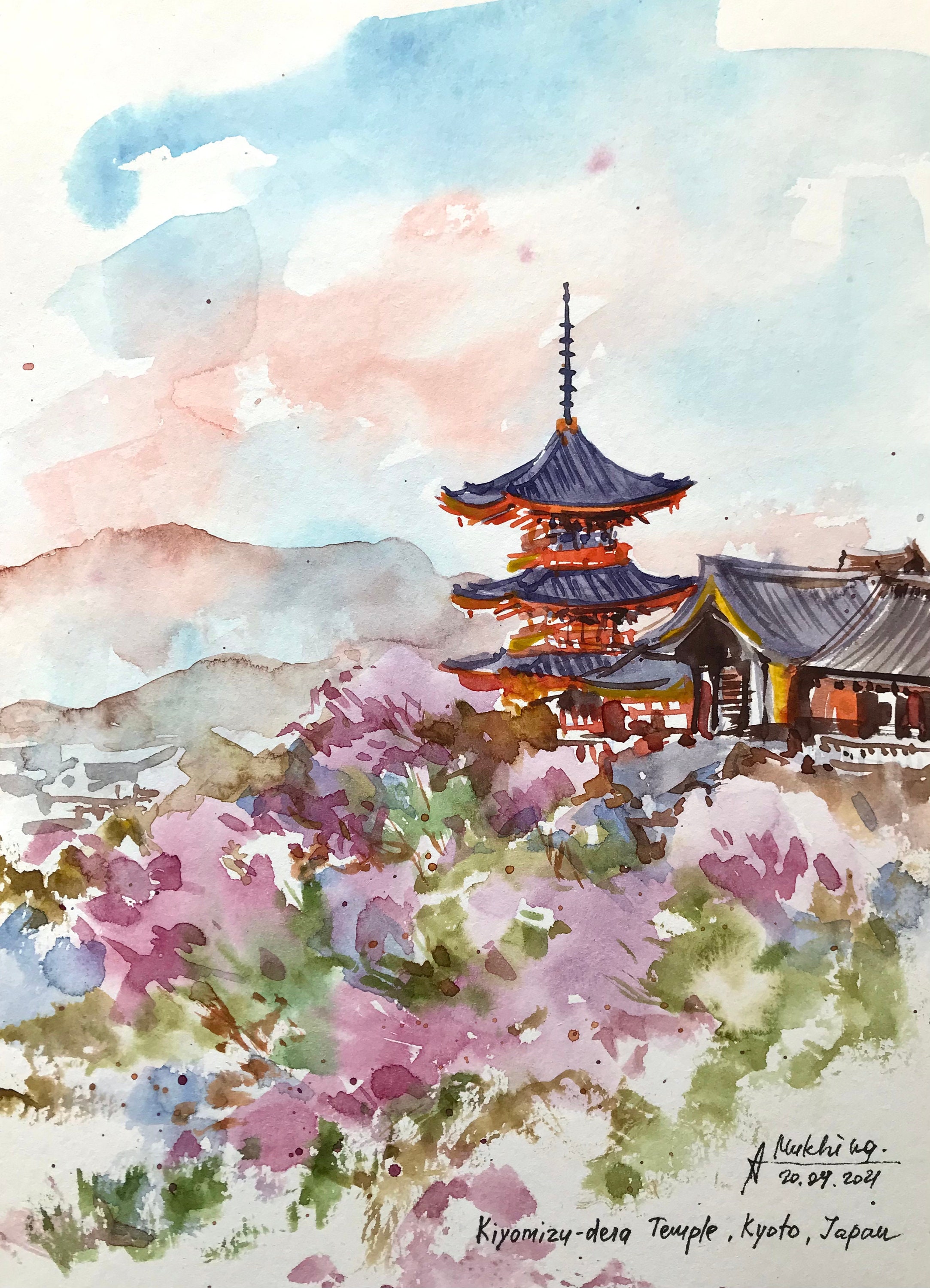 Japanese Watercolor Painting Kyoto Kiyomizudera Temple Sakura Blooming  Watercolor Travel Sketch by Anamustudio 