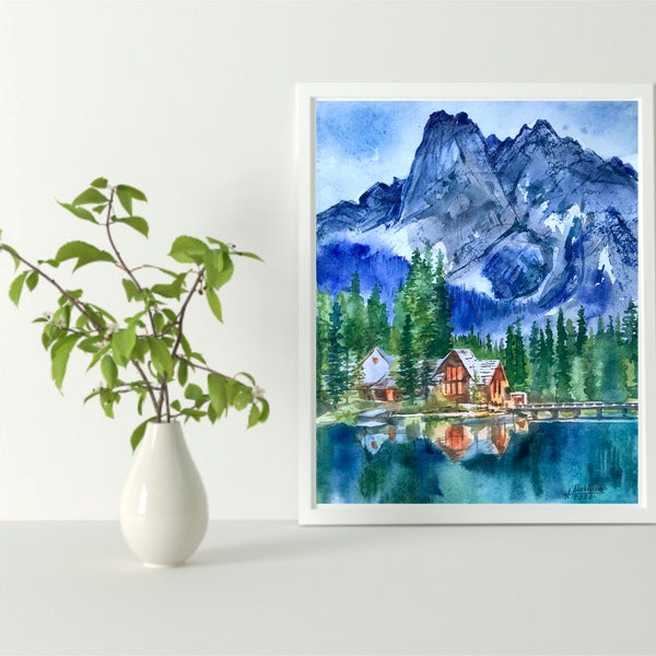 Canada painting Original watercolor Emerald Lake Lodge in Field Alberta Canadian Rocky Mountains landscape artwork by AnaMuStudio