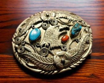 Vintage Eagle Turquoise & Coral Belt Buckle | Handmade in USA