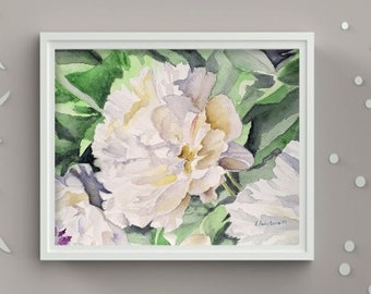 White Peony Watercolor Painting Print, 8x10 art, watercolor peony art, floral watercolor print, gift for mom, peony gift, floral painting