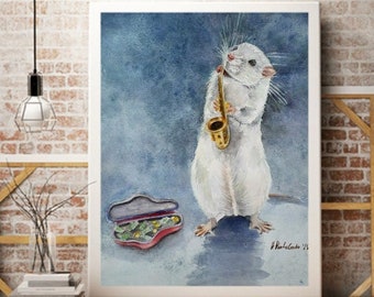 White rat watercolor painting,  rat original art, animal painting, mouse wall art, field mouse painting,rat wall decor, gift for music lover
