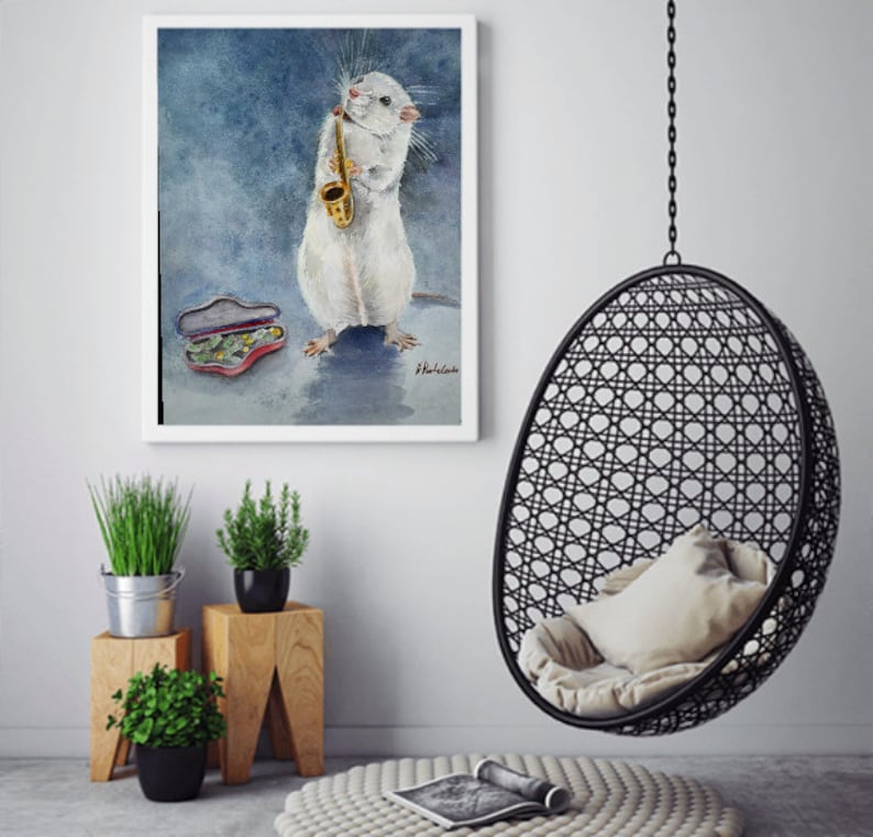 White Rat Watercolor Painting, Rat Original Art, Animal Painting, Mouse