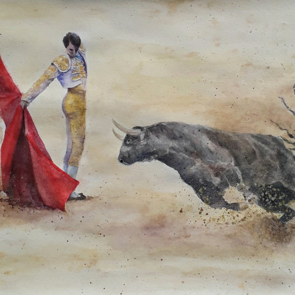 Corrida original watercolor painting 11'x14' print, matador painting, bullfighting painting, Spanish wall art