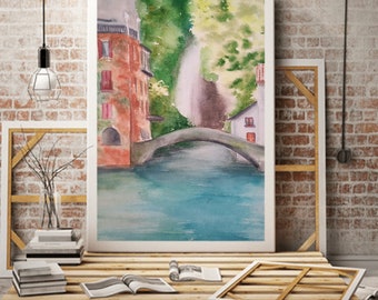 Lake Como Italy original watercolor painting landscape,bellagio lake view,italian travel art,original art,lake wall art,waterfall painting