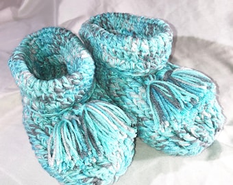 Handmade Crochet Bootie Slippers: Turquoise Cotton, Women's Size 3/4