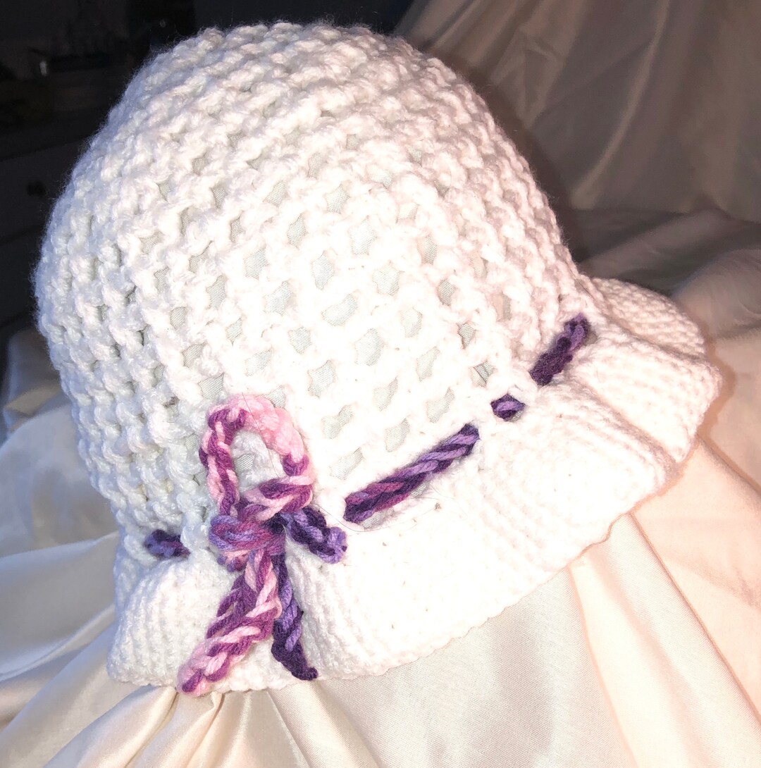 White Crochet Sun Hat with Lavender Accents Lavender-White Crochet Hat — Mila M Collections main image 4