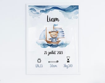 Affiche naissance pour cadre déco bébé enfant thème bateau, mer, océan