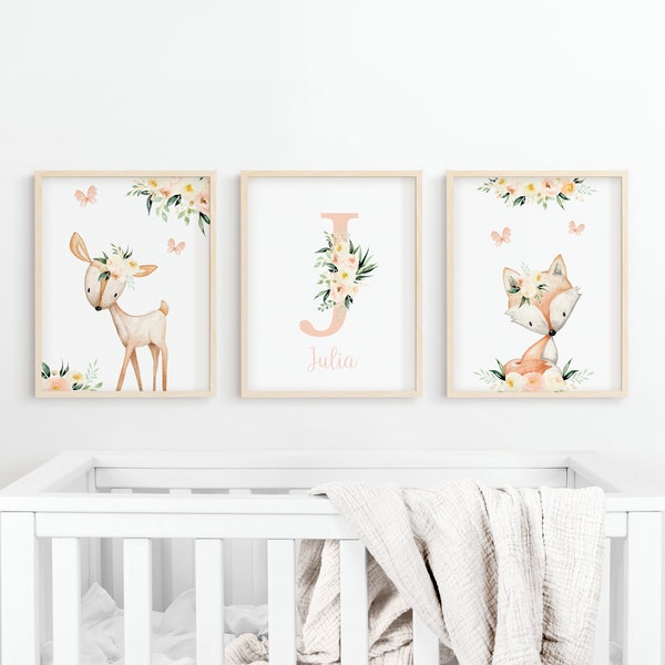 Lot de 3 affiches naissance thème renard forêt pour cadre enfant et bébé