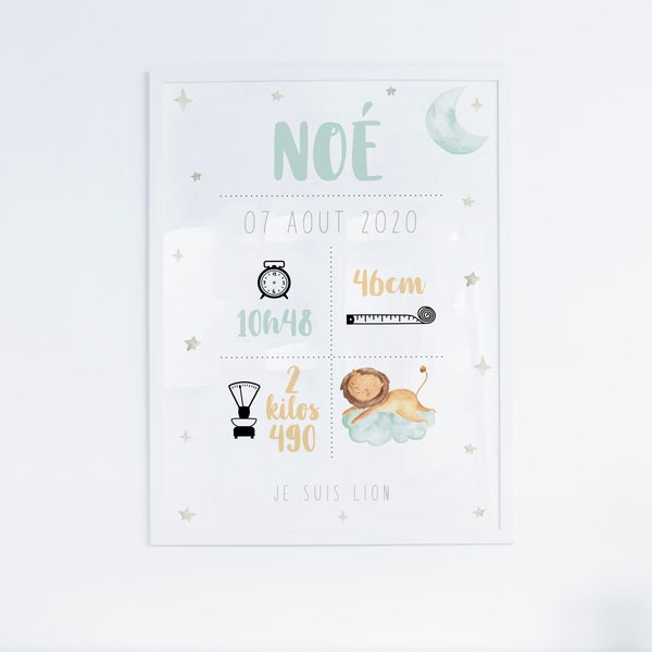 Affiche naissance personnalisée modèle "Noé" pour cadre thème lion et étoiles