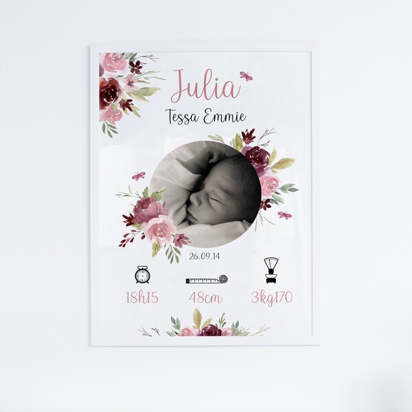 Affiche naissance fleurie pour cadre avec photo à personnaliser