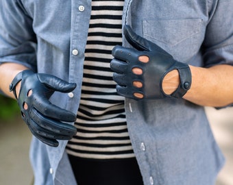 Arezzo - Men's Leather Driving Gloves in Jeans Blue