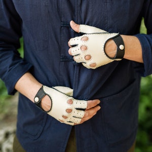 Rome Men's Fingerless Driving Gloves, hand sewn in Creme and Blue colour image 1