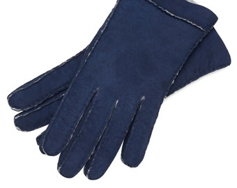 Madonna - Women's Shearling Gloves in Navy Blue Sheepskin Leather