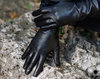 Marsala - Damen LederHandschuhe aus schwarzem Nappaleder