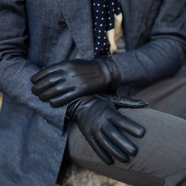 Sassari - Men's Gloves in Navy Blue with Pure Cashmere Lining