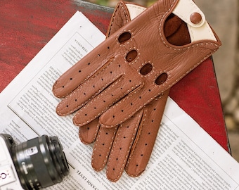 Rome - Guantes de conducción de piel de venado para hombre en color camel y crema