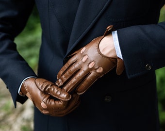 Rome - Guantes de conducción de cuero para hombre en color marrón silla de montar