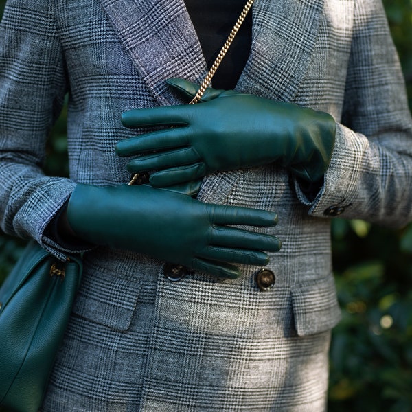 Marsala - Gants en cuir minimaliste pour femmes en cuir Nappa vert olive