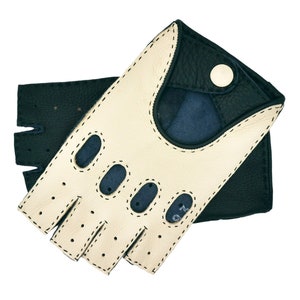 Rome Men's Fingerless Driving Gloves, hand sewn in Creme and Blue colour image 2