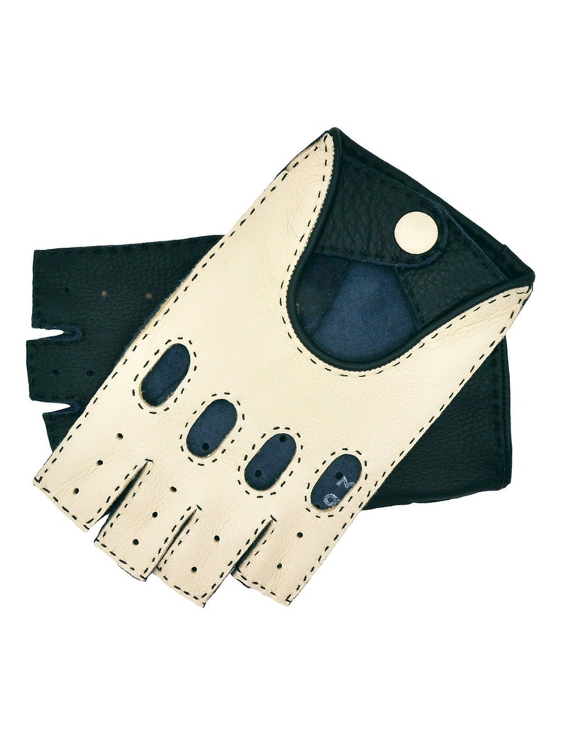 Rome Men's Fingerless Driving Gloves, hand sewn in Creme and Blue colour image 2