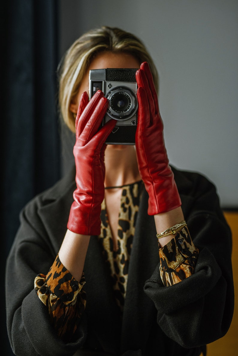 Marsala Women's Minimalist Leather Gloves in Red Nappa Leather image 1