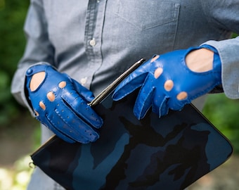 Rome - Men's Leather Driving Gloves in Royal Blue