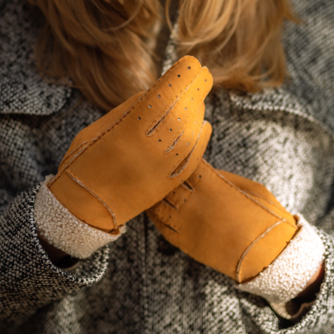 Sella Nevea Women's Shearling Gloves in Yellow Cab Sheepskin Leather Etsy