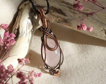Rose Quartz Copper Wire Wrapped Cabochon Pendant - Natural Rose Quartz Crystal Necklace