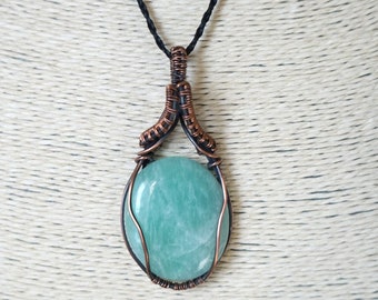 Amazonite Copper Wire Wrapped Pendant - Intricate Amulet, Healer Talisman Necklace
