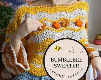 Bumblebee Striped Sweater with Flower Appliques - Crochet Pattern for Advanced Beginner