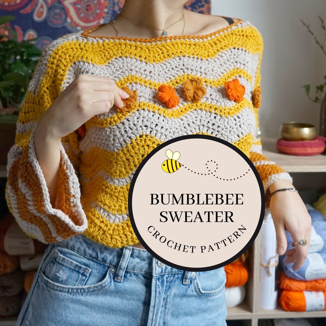 Bumblebee Striped Sweater With Flower Appliques - Crochet Pattern