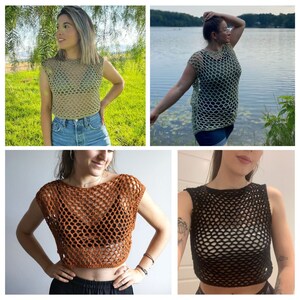 May include: Four different crochet tops in various colours, including beige, green, brown, and black. The tops are all sleeveless and feature a mesh design.