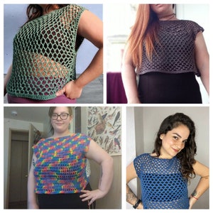 May include: Four different crochet tops in various colours, including green, grey, blue, and rainbow. The tops are all sleeveless and have a loose, open-weave design.