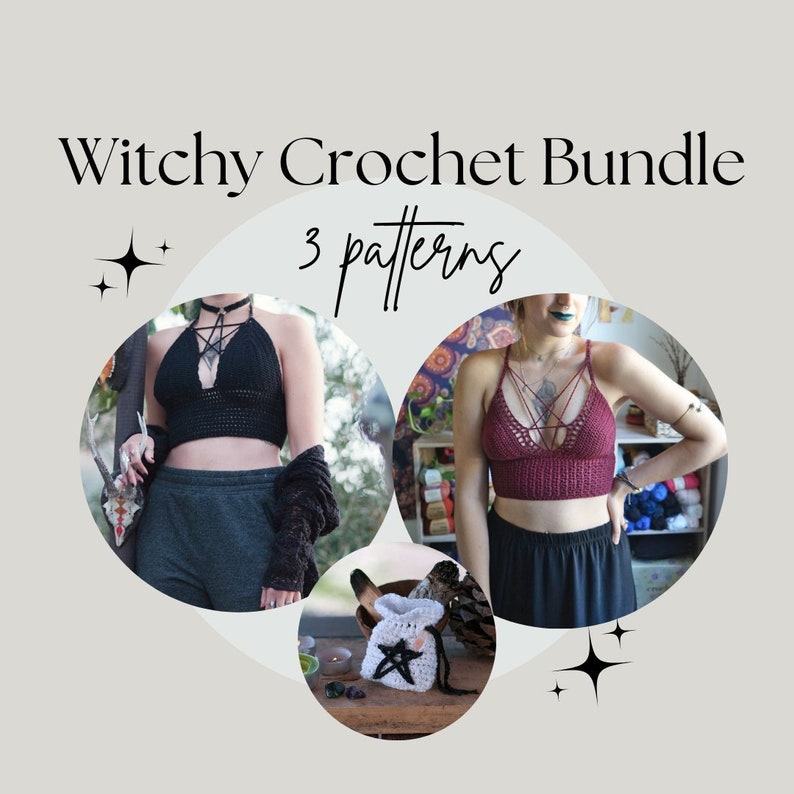 Peut inclure: Un lot de trois patrons de crochet comprenant un haut halter noir, un haut halter bordeaux et une pochette en crochet blanc avec une &eacute;toile. Le texte "Witchy Crochet Bundle 3 patterns" est affich&eacute; en haut de l'image.