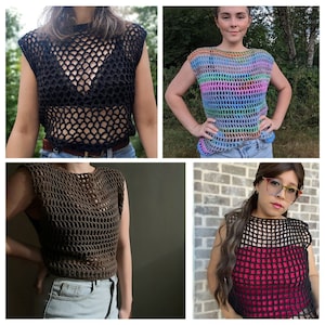 May include: Four different crochet tops in various colours and patterns. The tops are sleeveless and feature a loose, comfortable fit.
