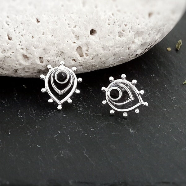 Mini Teardrop studs in sterling silver, Black Onyx  Open Tribal stacking studs, Boho minimal earrings gift for her