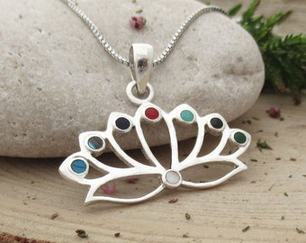 Sterling Silver 7 Chakra Lotus Pendant: Balancing Gemstone Yoga Necklace