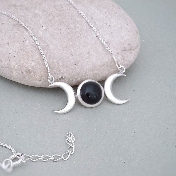 Triple Moon necklace in sterling silver and Black Onyx, 3 Moons Wiccan Necklace, Celestial Star gazer Pagan jewelry gift, Grounding stone