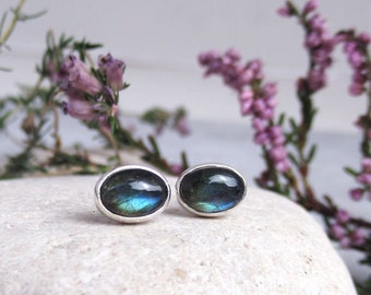 Blue Labradorite stud earrings in 925 sterling silver, 7x5mm oval post earrings, Classic stone ear studs for her, minimalist earrings