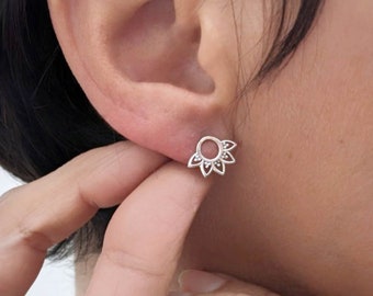 Lotus flower stud earrings in sterling silver, Round Lotus petal studs, Open circle Boho studs for her, Yoga lover ear jewellery gift