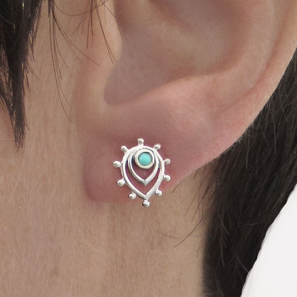 Dainty Tribal studs in sterling silver, Mini teardrop ear studs with turquoise, stacking earrings, Boho jewellery gift for her