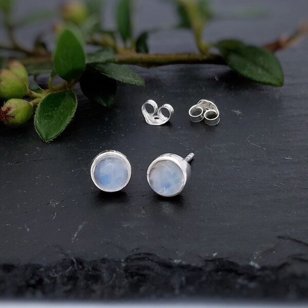 Blue Moonstone stud earrings in sterling silver, Classic round Moonstone post earrings, 5mm stone studs, June Birthstone ear jewellery