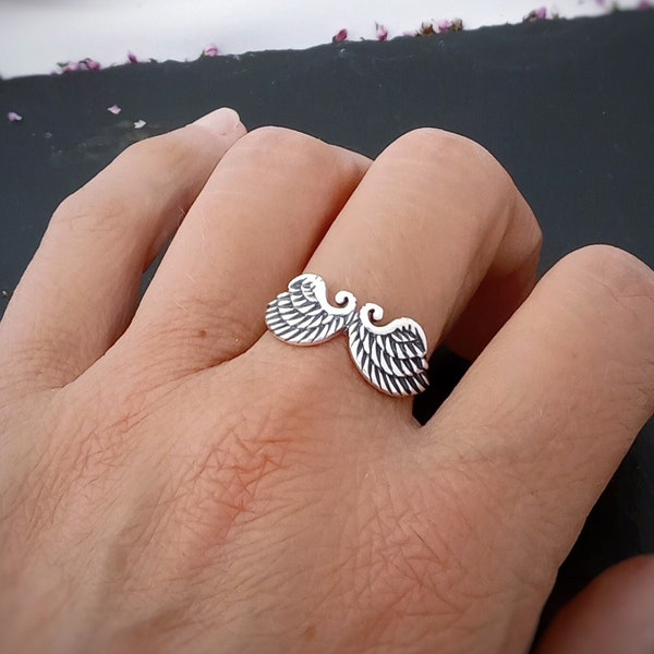 Angel wing ladies ring in sterling silver, Double wings stacking ring for her, Guardian angel jewellery, friendship jewellery gift