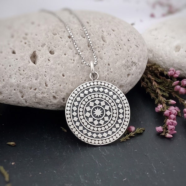 Silver Mandala medallion in sterling silver, Round Mandala necklace charm for Tribal ladies, Spiritual meditation pendant, Boho jewellery