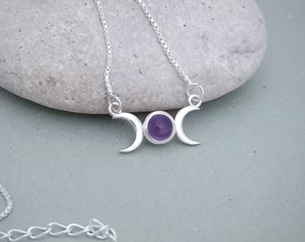 Triple Moon necklace in sterling silver and Purple Amethyst, 3 Moons Wiccan Necklace, Celestial Lunar Cycles jewellery gift for her