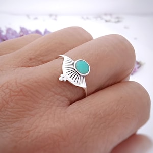 Turquoise fan shaped ladies ring in sterling silver, Boho style stack ring, Semi circle gemstone ring, Ethnic jewellery gift for her,